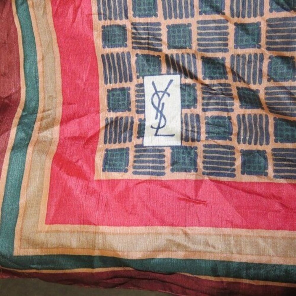 Yves Saint Laurent YSL 100% silk vintage scarf greens, reds & yellows 33 X 34